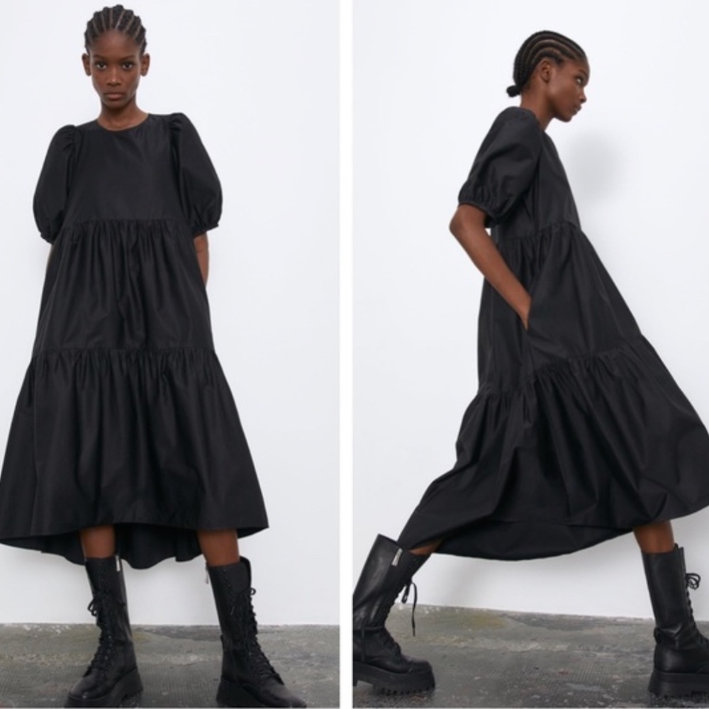 Zara Poplin Cotton Puff Sleeve Dress XS Black